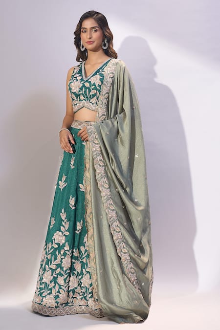 Shop_Samyukta Singhania_Green Silk Embroidery, Sequins V-neck Lehenga Blouse Set _Online_at_Aza_Fashions