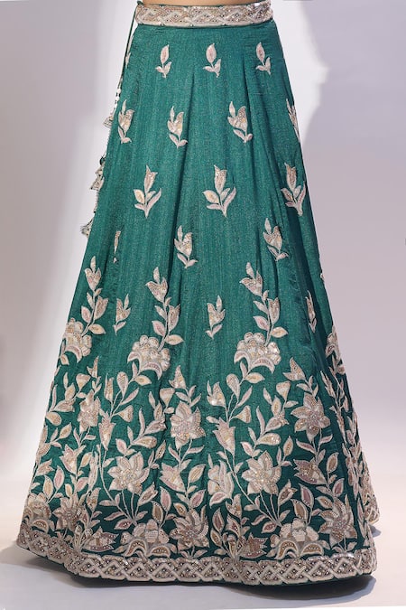 Samyukta Singhania_Green Silk Embroidery, Sequins V-neck Lehenga Blouse Set _at_Aza_Fashions
