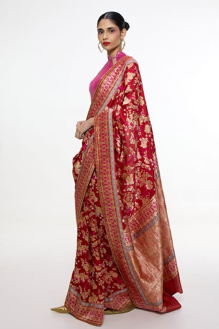 Ekaya Banaras Red Silk Zari, Metallic Thread Floral Pattern Handwoven Saree Online at Aza Fashions Ekaya Banaras_Red Silk Zari, Metallic Thread Floral Pattern Handwoven Saree _Online_at_Aza_Fashions