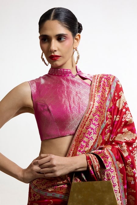 Buy Ekaya Banaras Red Silk Zari, Metallic Thread Floral Pattern Handwoven Saree Online at Aza Fashions Buy_Ekaya Banaras_Red Silk Zari, Metallic Thread Floral Pattern Handwoven Saree _Online_at_Aza_Fashions