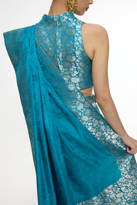 Buy Ekaya Banaras Blue Satin, Silk Zari Floral Handwoven Saree Online at Aza Fashions Buy_Ekaya Banaras_Blue Satin, Silk Zari Floral Handwoven Saree _Online_at_Aza_Fashions