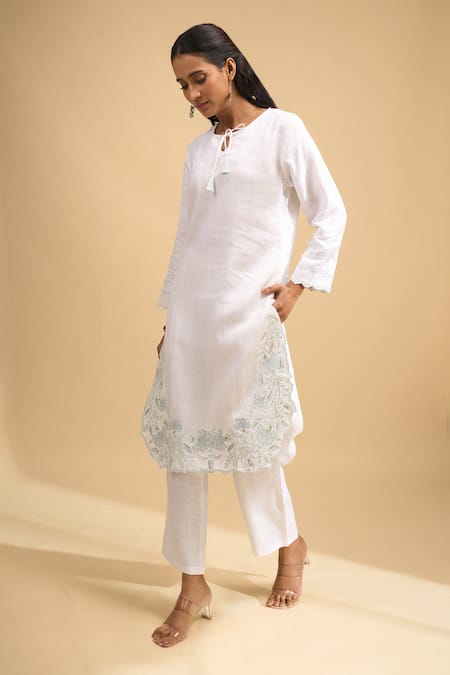 Shop_Naintara Bajaj_Off White Linen Embroidery Round Neck, Split Kurta And Pant Set _Online_at_Aza_Fashions