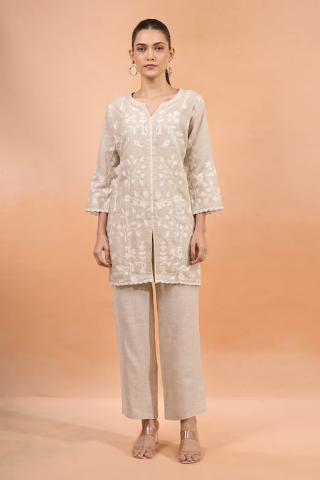 Naintara Bajaj Linen Embroidered Kurta & Pant Set