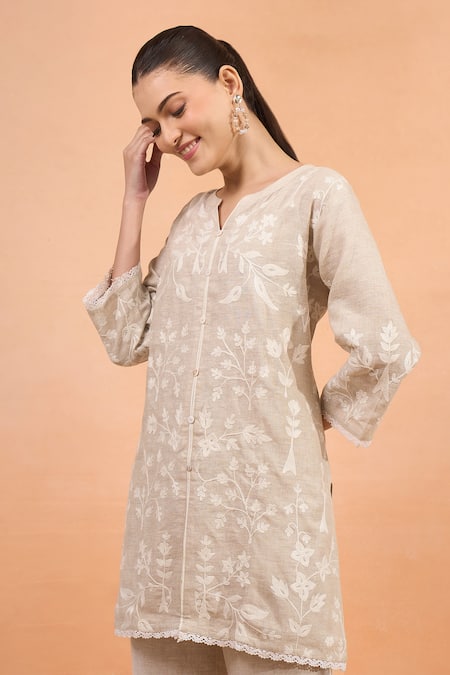 Shop_Naintara Bajaj_Beige Linen Embroidery, Lace V-neck Kurta And Pant Set _Online_at_Aza_Fashions