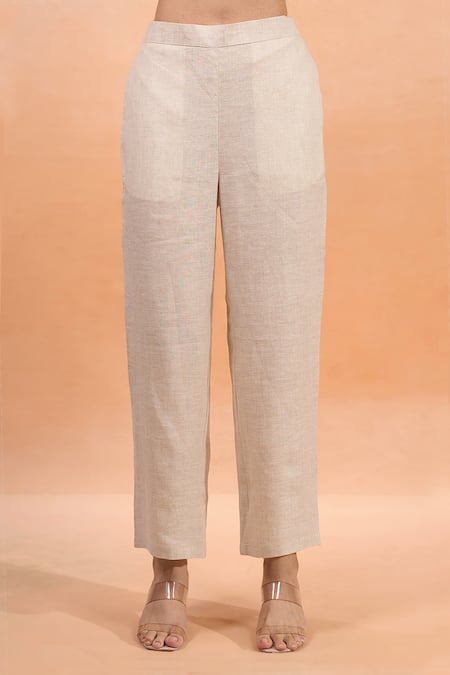 Naintara Bajaj_Beige Linen Embroidery, Lace V-neck Kurta And Pant Set _at_Aza_Fashions