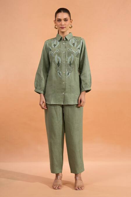Naintara Bajaj_Green Linen Embroidery Collared Kurta And Pant Set _Online_at_Aza_Fashions