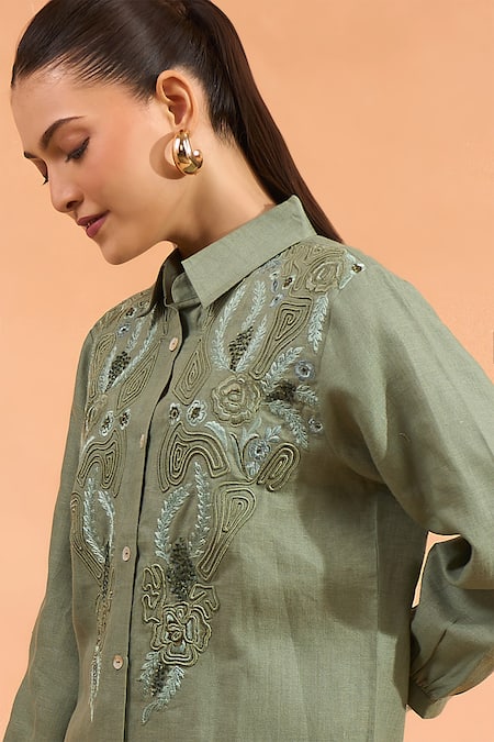 Buy_Naintara Bajaj_Green Linen Embroidery Collared Kurta And Pant Set _Online_at_Aza_Fashions
