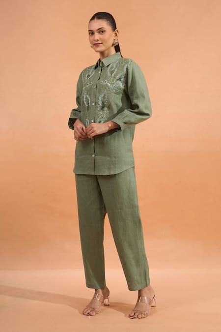 Shop_Naintara Bajaj_Green Linen Embroidery Collared Kurta And Pant Set _Online_at_Aza_Fashions