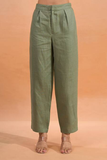 Naintara Bajaj_Green Linen Embroidery Collared Kurta And Pant Set _at_Aza_Fashions