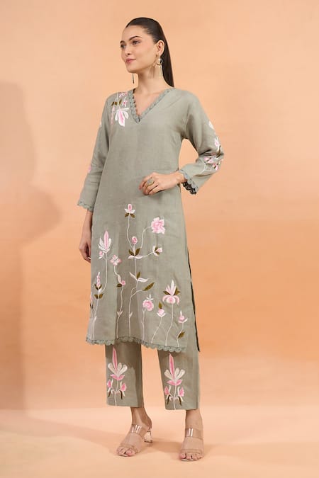 Naintara Bajaj Linen Floral Embroidered Kurta & Pant Set