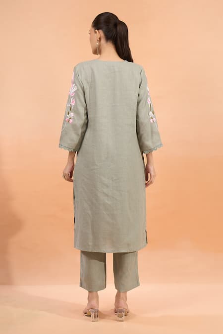 Naintara Bajaj Linen Floral Embroidered Kurta & Pant Set