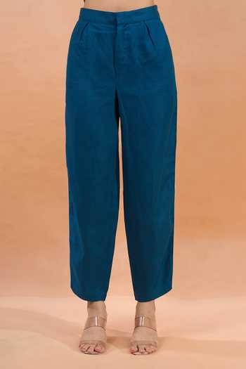 Shop Khwaab By Sanjana Lakhani Blue Linen Embroidery V-neck Kurta And Pant Set Online at Aza Fashions Shop_Khwaab By Sanjana Lakhani_Blue Linen Embroidery V-neck Kurta And Pant Set _Online_at_Aza_Fashions