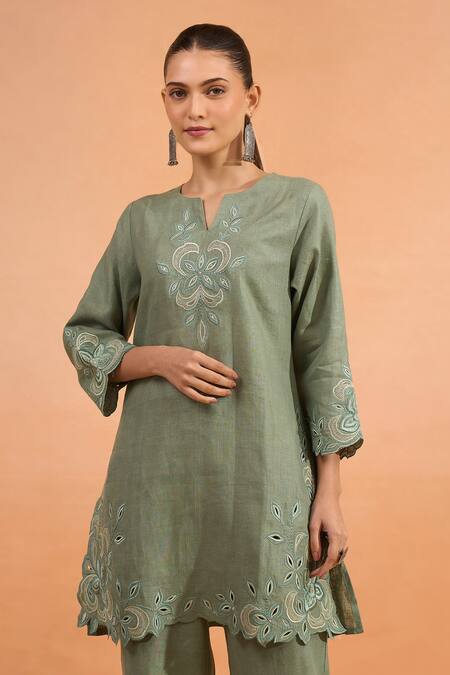 Shop_Naintara Bajaj_Green Linen Embroidery, Cut Work Split V-neck Kurta And Pant Set _Online_at_Aza_Fashions