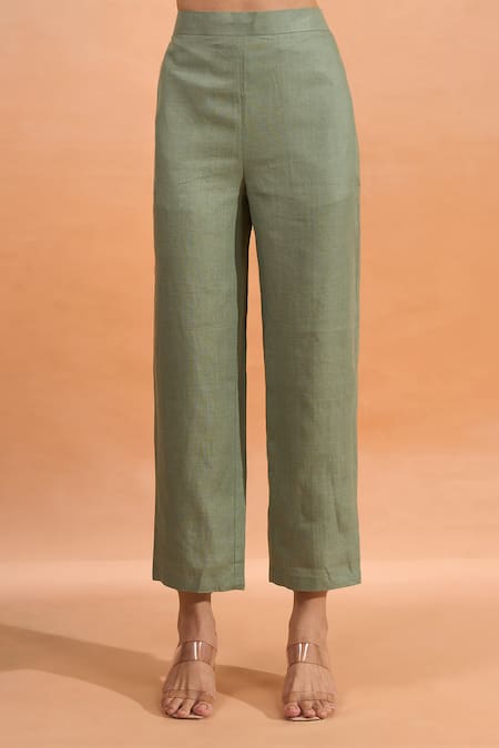 Naintara Bajaj_Green Linen Embroidery, Cut Work Split V-neck Kurta And Pant Set _at_Aza_Fashions