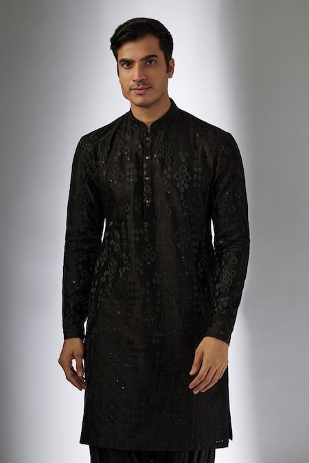 SALIL BHATIA_Black Chanderi Silk, Modal, Satin Zari, Sequins Mahal Embellished Kurta Set _Online_at_Aza_Fashions