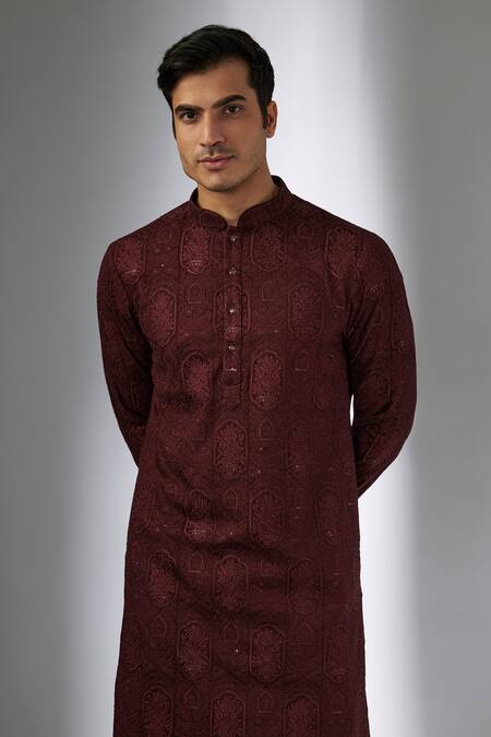 Buy_SALIL BHATIA_Wine , Chanderi Embroidery, Sequins Ruhani Mahal Embellished Kurta Set _Online_at_Aza_Fashions