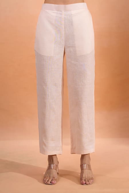 Naintara Bajaj_Coral Linen Embroidery Split V-neck Kurta And Pant Set _at_Aza_Fashions