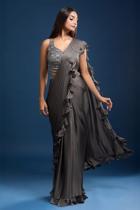 Samyukta Singhania_Gray Chinon Sequins, Beads, Embroidery Ruffled Pre-draped Saree And Blouse _at_Aza_Fashions