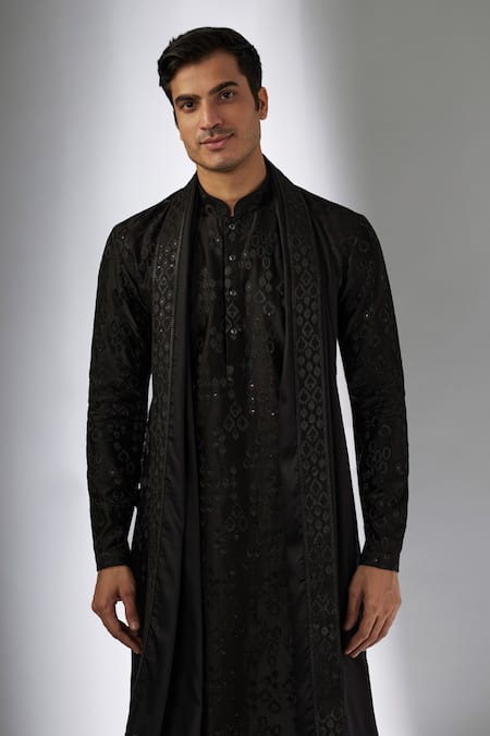 SALIL BHATIA Black Chanderi Silk, Modal, Satin Zari, Sequins Mahal Embellished Kurta Set Online at Aza Fashions SALIL BHATIA_Black Chanderi Silk, Modal, Satin Zari, Sequins Mahal Embellished Kurta Set _Online_at_Aza_Fashions