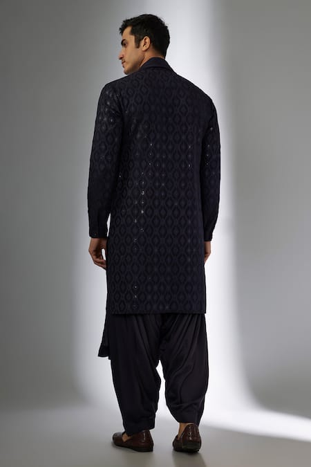 Shop SALIL BHATIA Blue Silk, Modal, Satin Sequins, Embroidery Zari Mahal Embellished Kurta Set at Aza Fashions Shop_SALIL BHATIA_Blue Silk, Modal, Satin Sequins, Embroidery Zari Mahal Embellished Kurta Set _at_Aza_Fashions