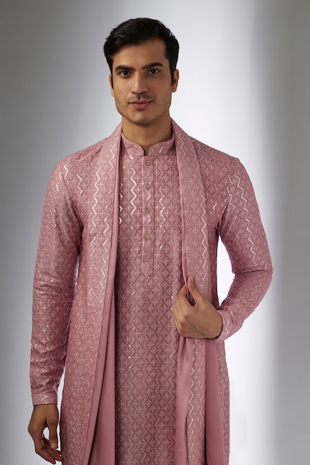 Buy_SALIL BHATIA_Pink , Chanderi Embroidery, Sequins Surat Mahal Embellished Kurta Set _Online_at_Aza_Fashions