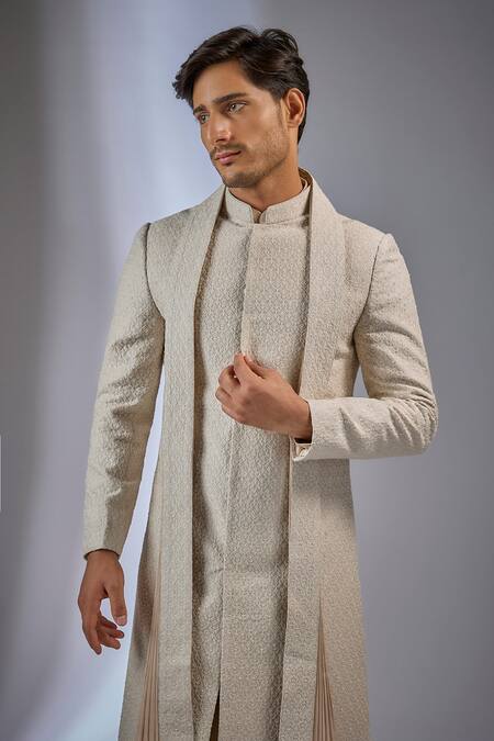 SALIL BHATIA_Ivory Silk, Silk, Pearls, Pushp Mahal Embellished Sherwani Set _Online_at_Aza_Fashions