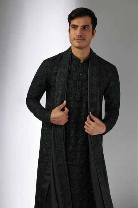 SALIL BHATIA_Green Doriya, Silk, Modal Embroidery, Sequins Bel Boota Embellished Kurta Set _Online_at_Aza_Fashions