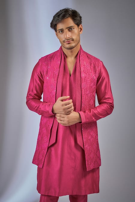 Buy_SALIL BHATIA_Pink , Chanderi Sequins, Amber Mahal Embellished Bundi Kurta Set _Online_at_Aza_Fashions