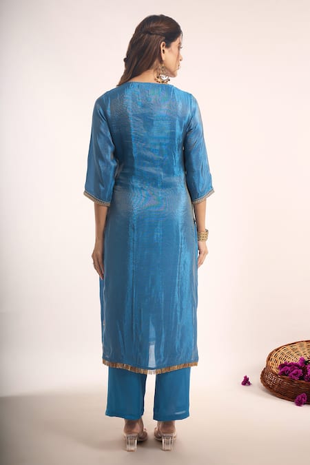 Shop_Samyukta Singhania_Teal Tissue, Shantoon, Chiffon, Chinon Embroidery, Lace, Zari Dori Kurta Set _at_Aza_Fashions