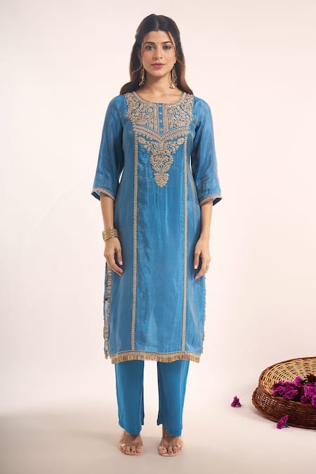 Samyukta Singhania_Teal Tissue, Shantoon, Chiffon, Chinon Embroidery, Lace, Zari Dori Kurta Set _Online_at_Aza_Fashions