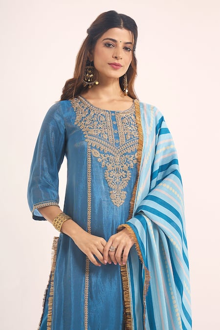 Samyukta Singhania_Teal Tissue, Shantoon, Chiffon, Chinon Embroidery, Lace, Zari Dori Kurta Set _at_Aza_Fashions