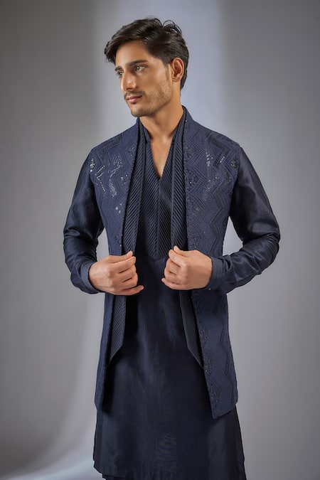 SALIL BHATIA_Blue Chanderi Silk Sequins, Pracheen Mahal Embellished Bundi Kurta Set _Online_at_Aza_Fashions