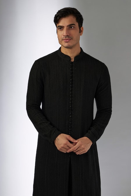 SALIL BHATIA_Black Georgette, Modal Embroidery Bel Boota Thread Work Kurta Set _Online_at_Aza_Fashions