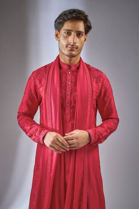 Buy_SALIL BHATIA_Red Silk, Modal, Satin Embroidery, Sequins Bahaar Mahal Embellished Kurta Set _Online_at_Aza_Fashions