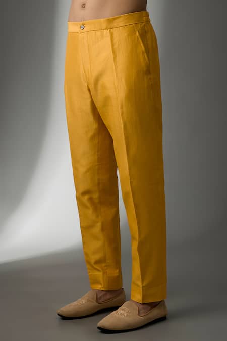 SALIL BHATIA Yellow Silk, Chanderi Embroidery Rang Mahal Embellished Long Bundi Kurta Set Online at Aza Fashions SALIL BHATIA_Yellow Silk, Chanderi Embroidery Rang Mahal Embellished Long Bundi Kurta Set _Online_at_Aza_Fashions