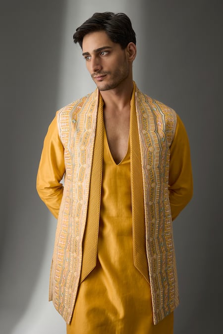 Buy SALIL BHATIA Yellow Silk, Chanderi Embroidery Rang Mahal Embellished Long Bundi Kurta Set Online at Aza Fashions Buy_SALIL BHATIA_Yellow Silk, Chanderi Embroidery Rang Mahal Embellished Long Bundi Kurta Set _Online_at_Aza_Fashions