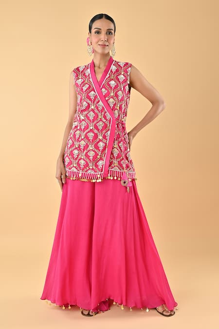 Keith Gomes Sequins Tassel Embroidered Overlap Tunic & Palazzo Set 