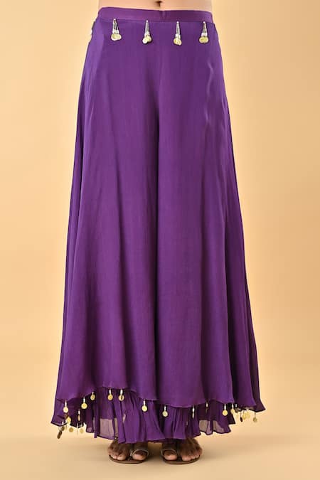 Shop_Keith Gomes_Purple Silk Organza, Chiffon, Crepe Sequins, Tassels, Kaftan And Palazzo Set _Online_at_Aza_Fashions