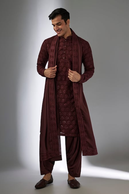 SALIL BHATIA Wine Modal, Satin Sequins, Embroidery Bel Boota Embellished Kurta Set 
