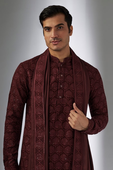 Buy_SALIL BHATIA_Wine Modal, Satin Sequins, Embroidery Bel Boota Embellished Kurta Set _Online_at_Aza_Fashions