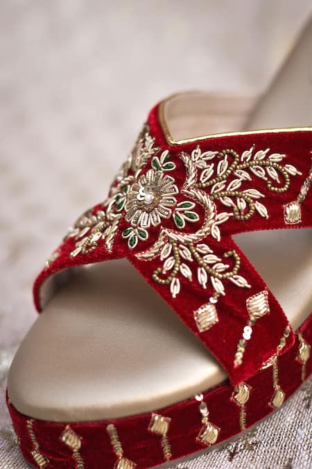 Around Always_Maroon Embroidery, Sequins, Beads Chhavi Velvet Zardozi Floral Motif Wedges _Online_at_Aza_Fashions