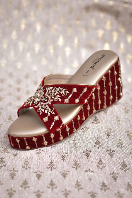 Shop_Around Always_Maroon Embroidery, Sequins, Beads Chhavi Velvet Zardozi Floral Motif Wedges _at_Aza_Fashions