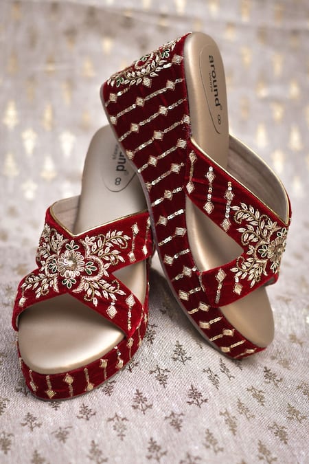 Buy_Around Always_Maroon Embroidery, Sequins, Beads Chhavi Velvet Zardozi Floral Motif Wedges _at_Aza_Fashions