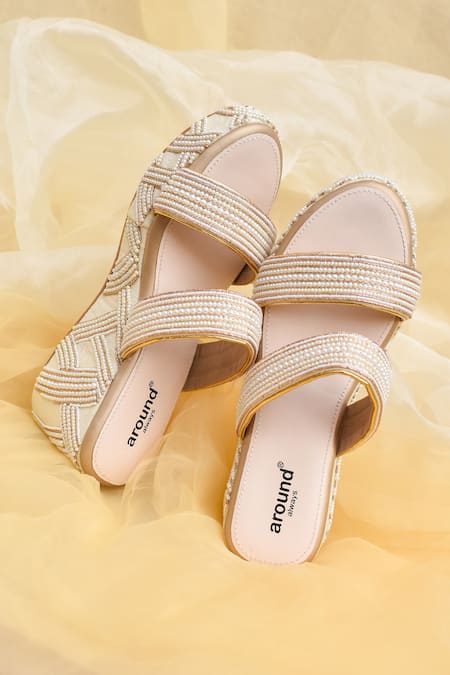 Around Always Tanvi Pearl Detailed Two Strap Wedges 
