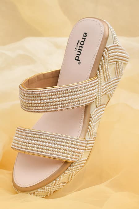 Around Always Tanvi Pearl Detailed Two Strap Wedges 