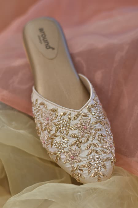 Buy Around Always Ivory Floral Hand Embroidered Flat Mules at Aza Fashions Buy_Around Always_Ivory Floral Hand Embroidered Flat Mules _at_Aza_Fashions