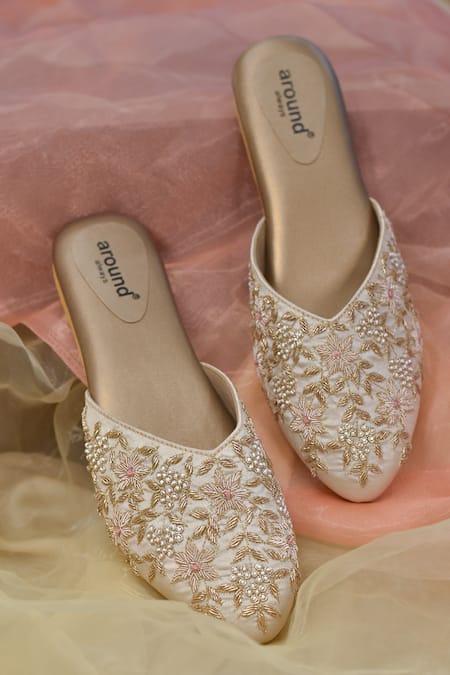 Shop Around Always Ivory Floral Hand Embroidered Flat Mules at Aza Fashions Shop_Around Always_Ivory Floral Hand Embroidered Flat Mules _at_Aza_Fashions