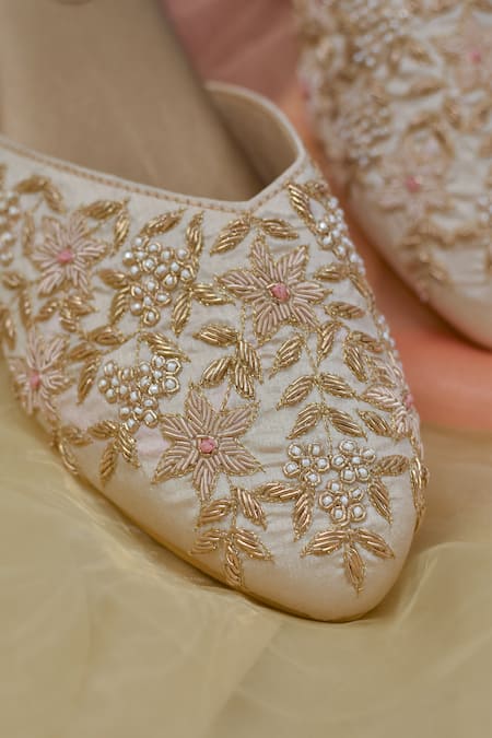 Around Always Ivory Floral Hand Embroidered Flat Mules Online at Aza Fashions Around Always_Ivory Floral Hand Embroidered Flat Mules _Online_at_Aza_Fashions