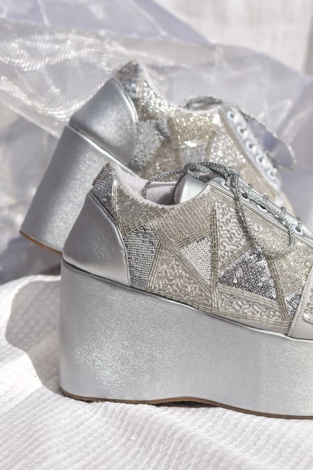 Around Always Amayra Sequin-Bead Patchwork Wedge Sneakers 