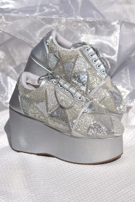 Buy_Around Always_Silver Amayra Sequin-bead Patchwork Wedge Sneakers _Online_at_Aza_Fashions